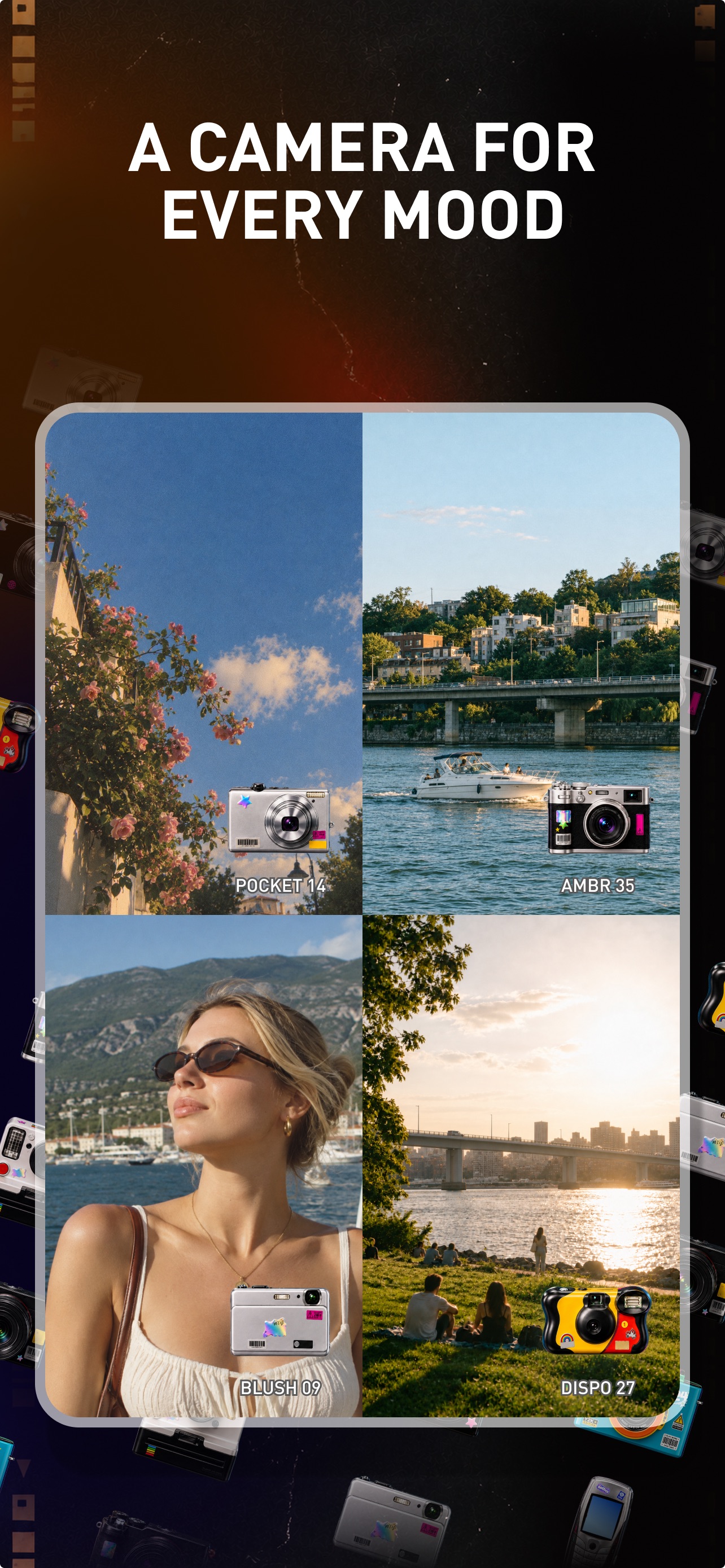 Four Nostica camera styles: POCKET 14, AMBR 35, BLUSH 09 and DISPO 27